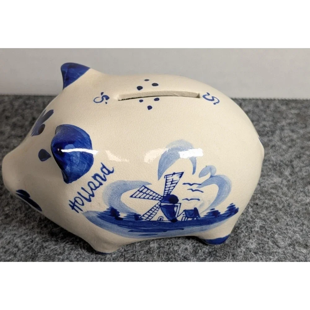 Delft Blue Holland Windmill Floral With Stopper Hand Painted Piggy / Coin Bank